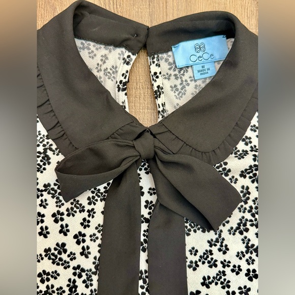 CeCe Black & White Floral Short-Sleeve Tie-Neck Top - Picture 3 of 3